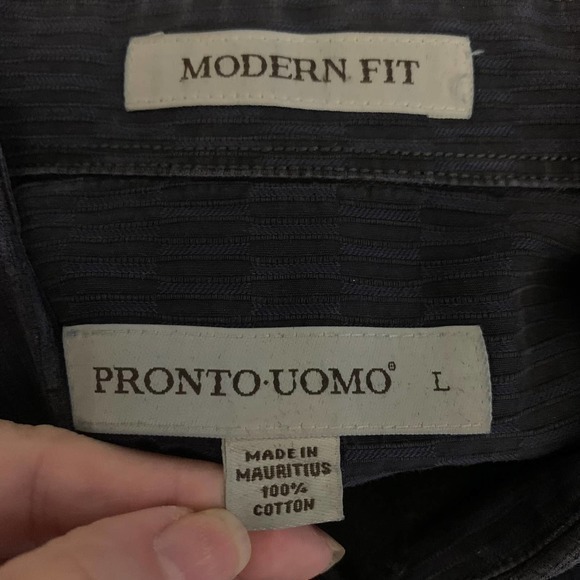 PRONTO UOMO Dark Blue Textured Cotton Dress Shirt - Picture 8 of 8
